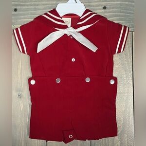 Vintage Baby Boy Boutique Red Velveteen Sailor Suit Romper Outfit Set 3 6 Mo NEW